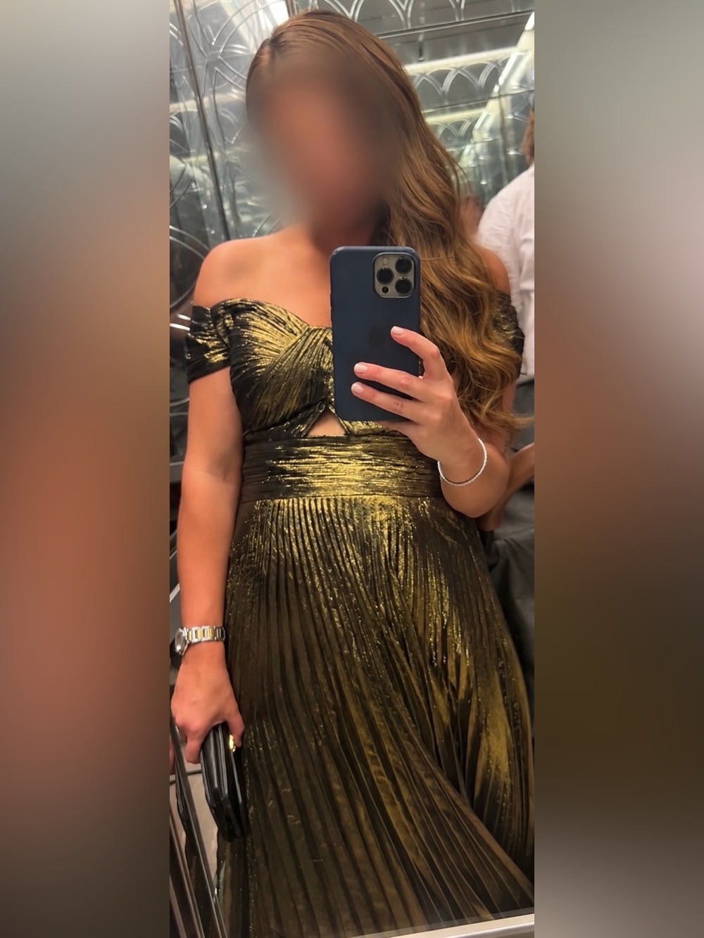 Custom Made Gorgeous Metallic Gold Bronze Pleated Off Shoulder Evening Gown